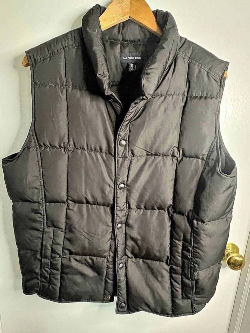 Lands' End Sz M Down Quilted Puffer Vest Snap Front Black Gorpcore Outdoor FLAW